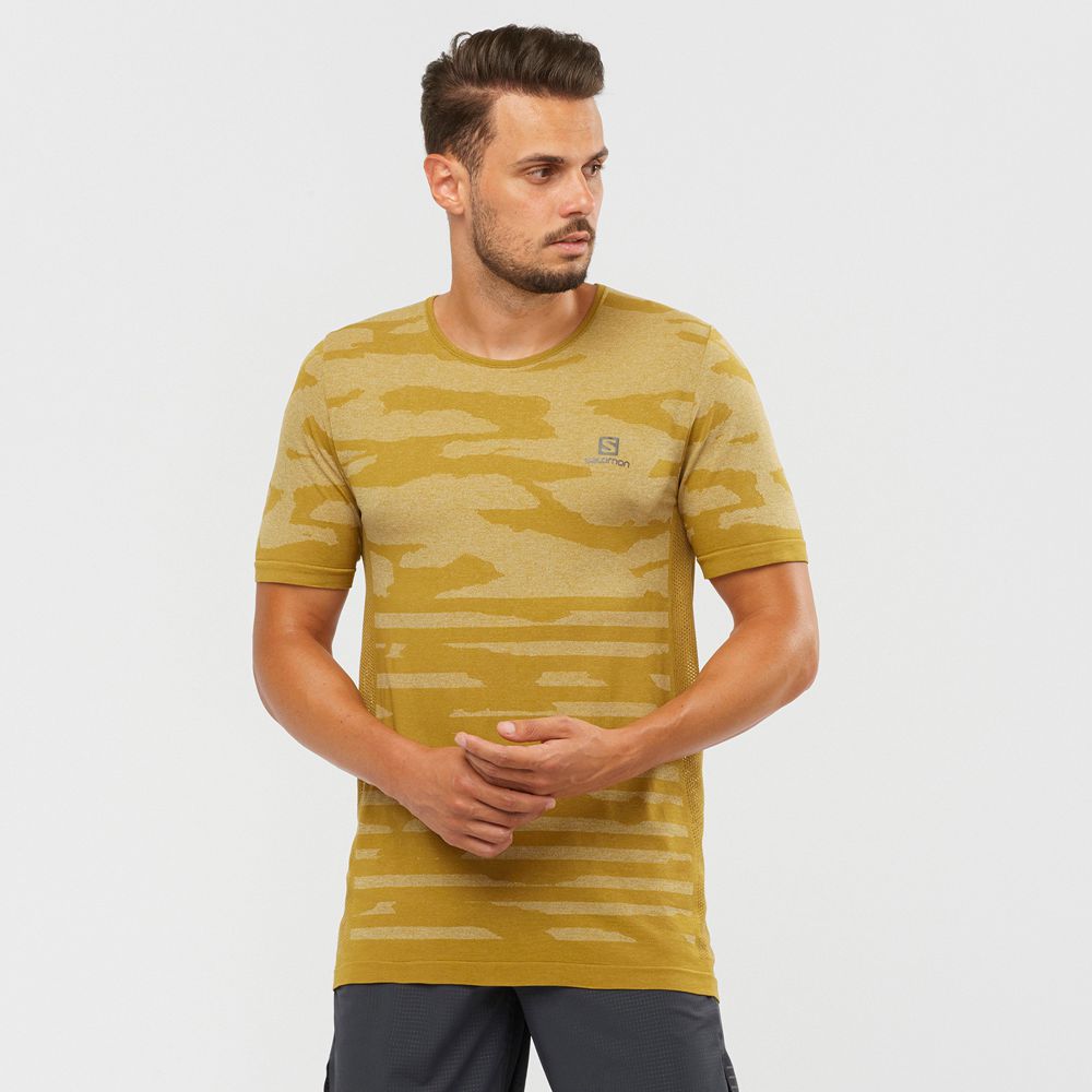 Salomon Singapore Mens T-shirts - XA CAMO TEE Gold | 94350-HSTG